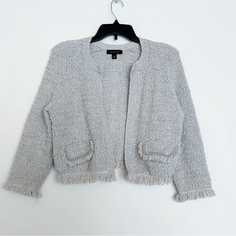 Ann Taylor silver gray fringe blazer long sleeve pocket jacket small - Picture 2 of 7